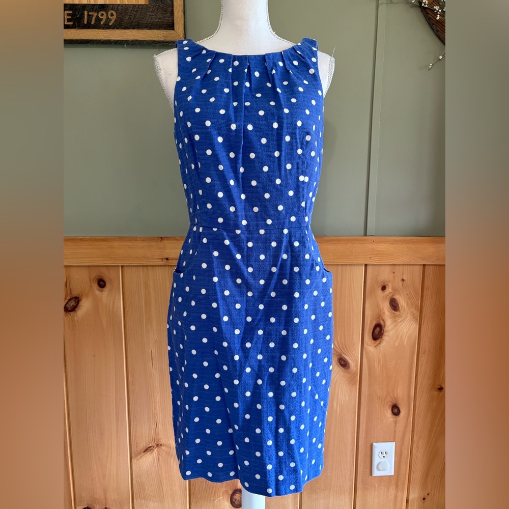 Ralph Lauren Royal Blue and White Polka Dot Midi Dress w/ Pockets Sz 10